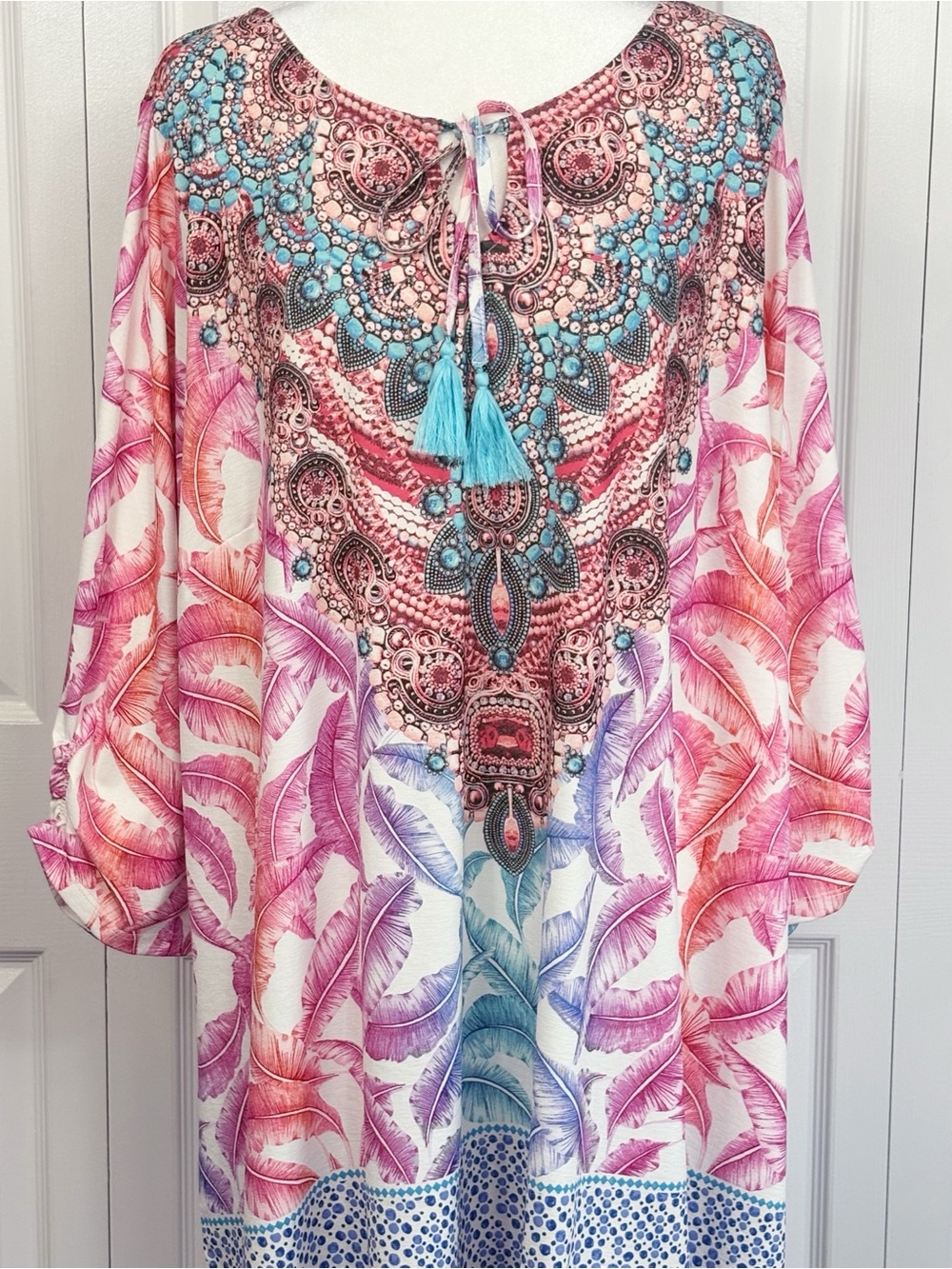 NWT Avenue Colorful Ombre Feather Boho Print Ruched Sleeve Tunic Top 26/28